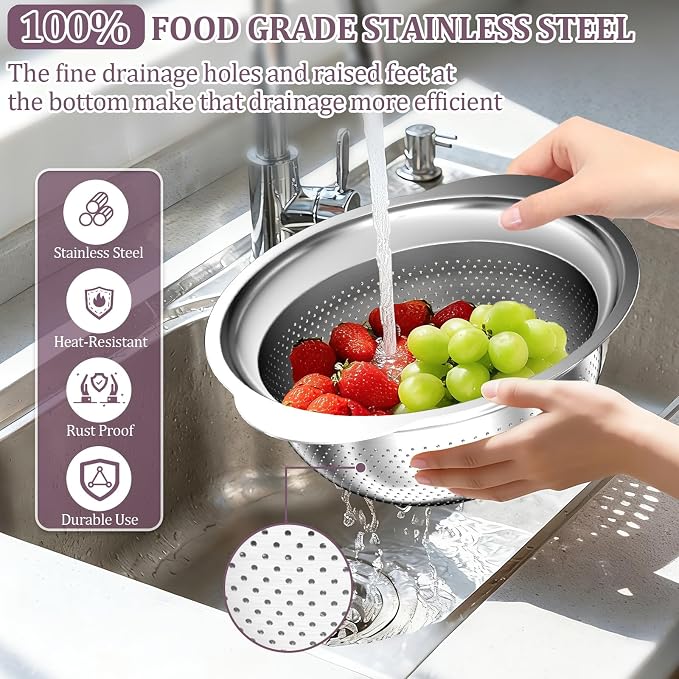 Stainless Steel Colander - 3QT Medium Capacity Strainer - Image 2