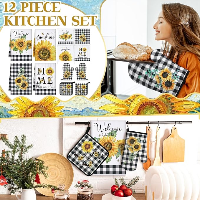 Bencailor 12 Pcs Farmhouse Sunflower Kitchen Decor and Accessories Sets 4 Black - Image 2