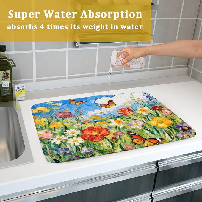 Cute Floral Dish Drying Mat for Kitchen Counter 18x24, Spring Summer Decorative - Image 7