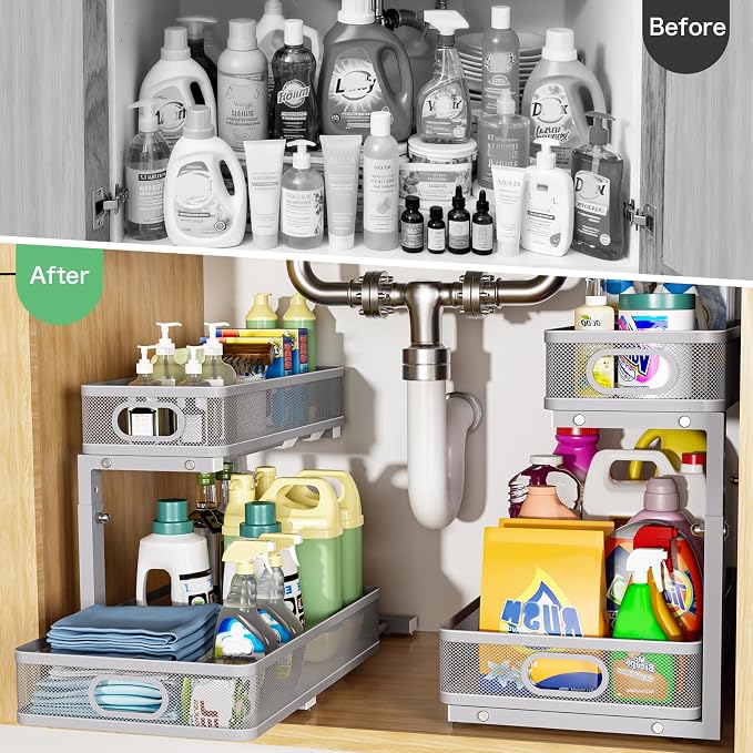 Under Sink Organizer 2 Pack, High Adjustable 2 Tier Under Sink Organizers and - Image 3