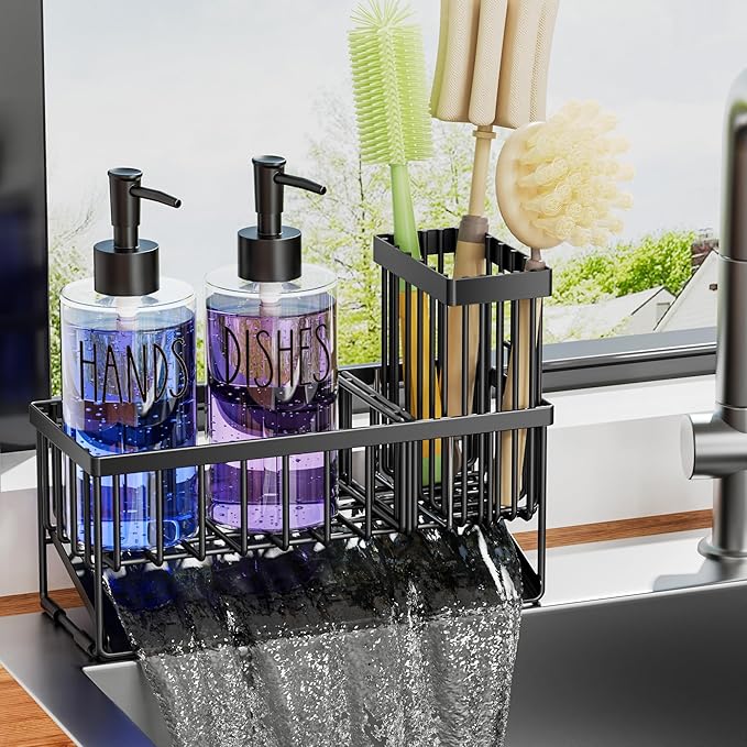MASADI Kitchen Sink Caddy with Dish Soap Dispenser Set, 12OZ Glass Bottle - Image 6