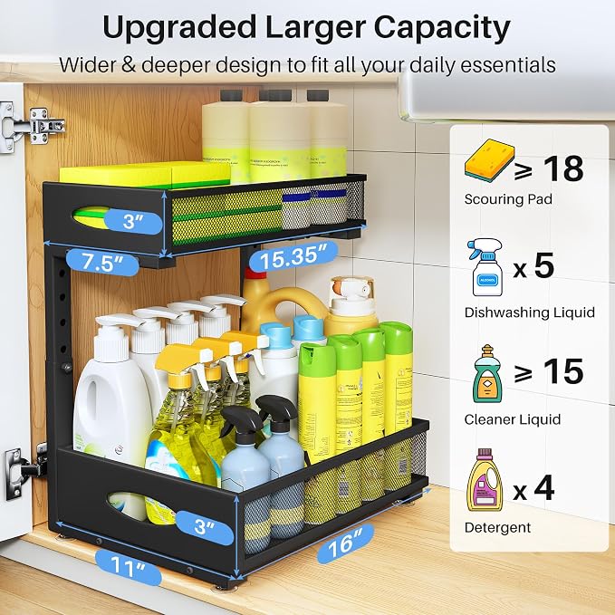 Under Sink Organizer, 2 Pack 2 Tier Pull Out Under Cabinet Organizer Shelf - Image 4