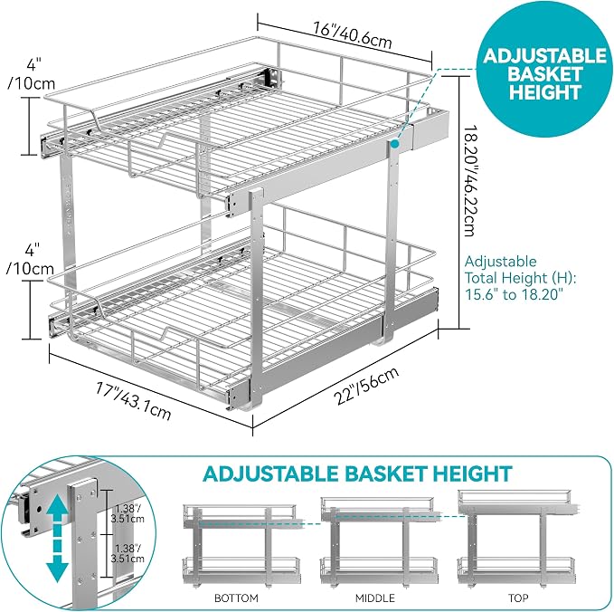 2 Tier Pull Out Cabinet Organizer 18" W X 22" D, Slide Out Drawers - Image 2
