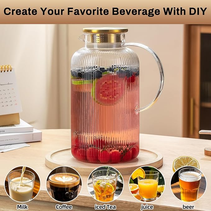 Buaic Glass Pitcher with Lid, 100 oz/ 3 Liter Classic Vertical Stripes Water - Image 4