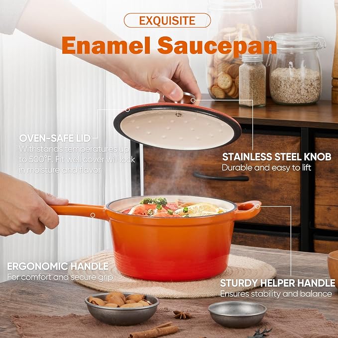 Homikit Small Cast Iron Pot, 2 QT Enameled Cast Iron Sauce Pan - Image 3