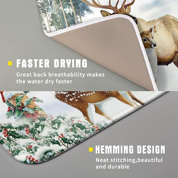 Giwawa Winter Deer Dish Drying Mat 16"x18" Xmas Tree Bird Holly Berry Dish - Image 3