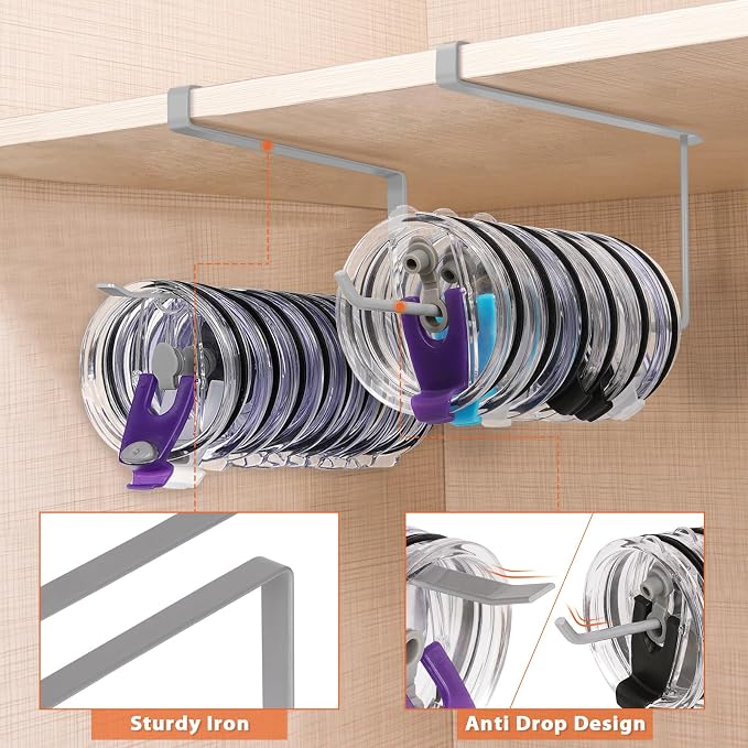 2 Pack Tumbler Lid Organizer, Horizontal Tumbler Lid Storage Hook Up to 20 Lids - Image 4