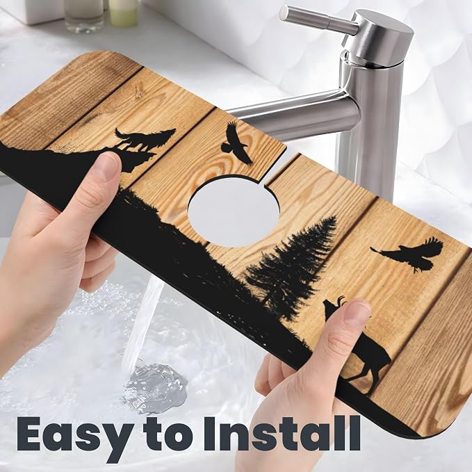 Retro Rustic Wolf Deer Forest Brown Wood Dish Drying Mat - Image 8