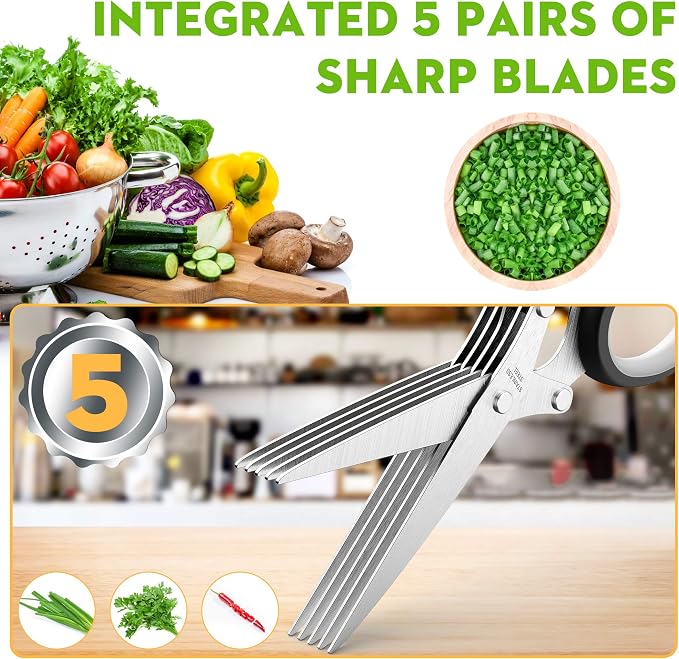 Herb Scissors with 5 Blades and Cover, Kitchen Herb Cutter with Cleaning Comb - Image 2
