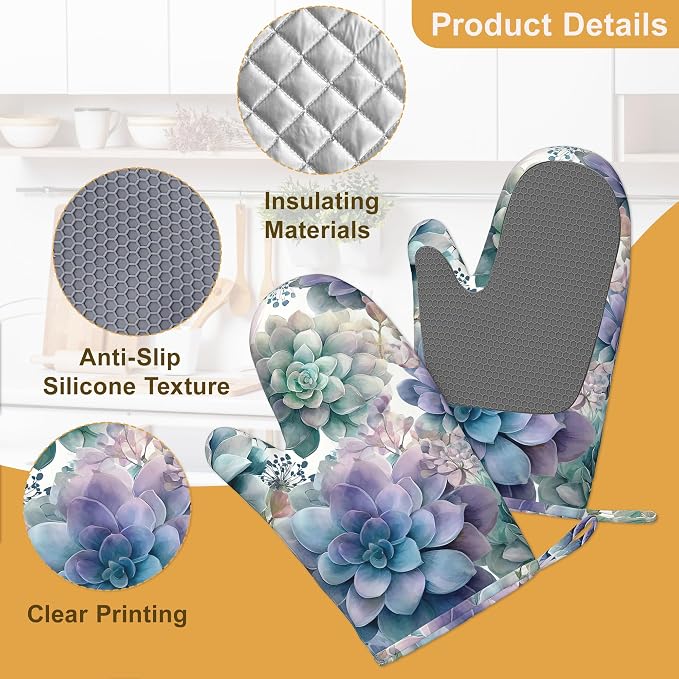 Succulent Botanical Floral Oven Mitts and Pot Holders Sets of 4, Heat Resistant - Image 3