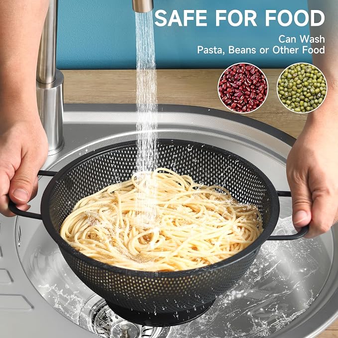 Black Colander for Kitchen, Stainless Steel Pasta Strainer - Image 3