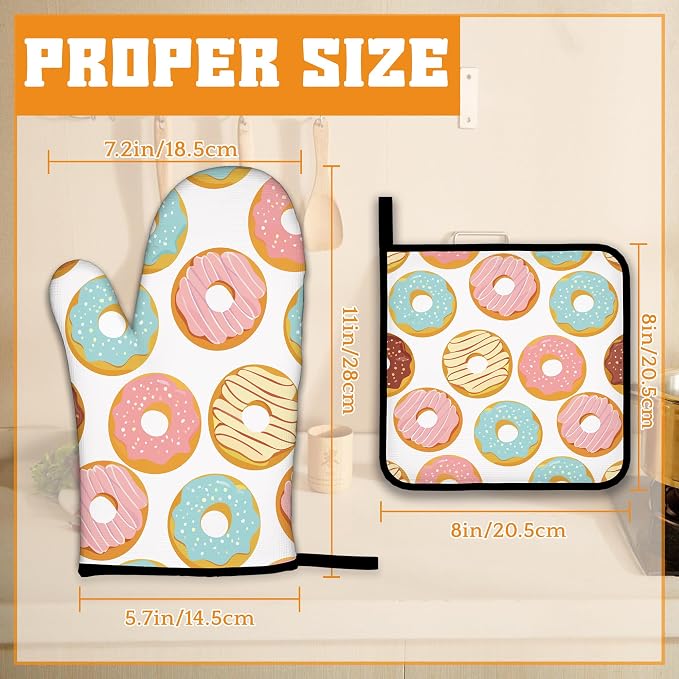 Pink Doughnut Oven Mitts and Pot Holders Set, Kitchen Oven Gloves and Pot Holder - Image 2
