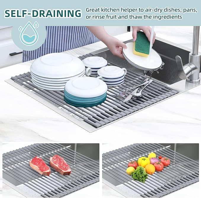 Ohuhu Sink Drying Rack, 20.5" W x 16.1" L Over The Sink Roll-Up Dish Drainer - Image 2
