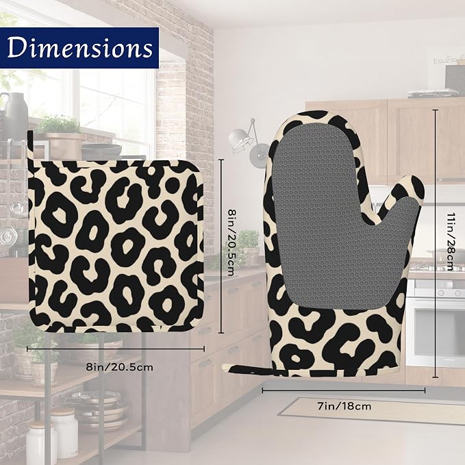Black Leopard Print Pot Holders and Oven Mitts Set Silicone Cheetah Prints - Image 2