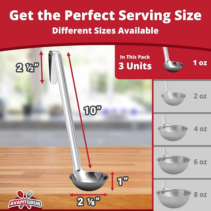 Super Sturdy, Ergonomic 1 Oz. Soup Ladle 3 Pk. Stainless Steel Ladles - Image 2
