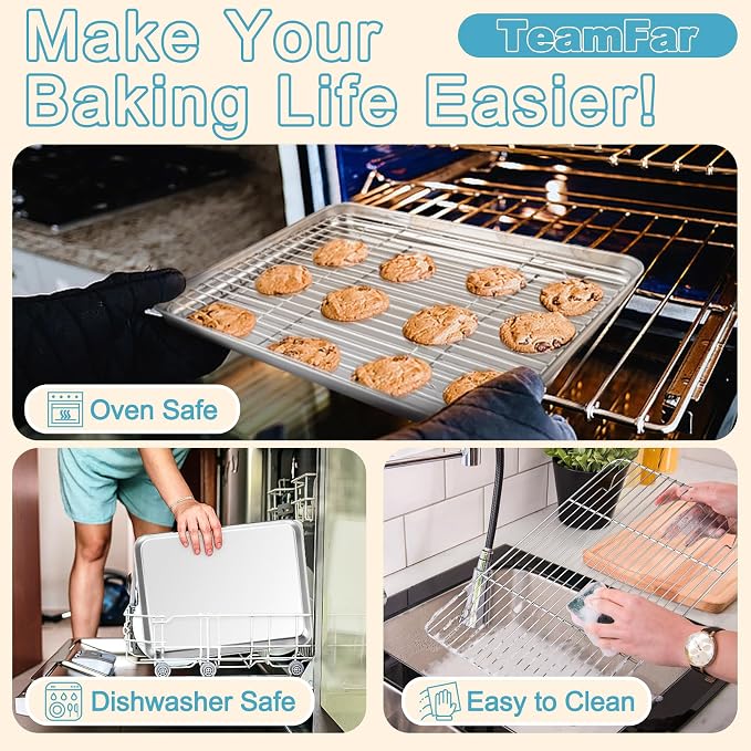 TeamFar Baking Sheet with Rack Set, 17.6/16/12.5 Inch Stainless Steel Cookie - Image 5