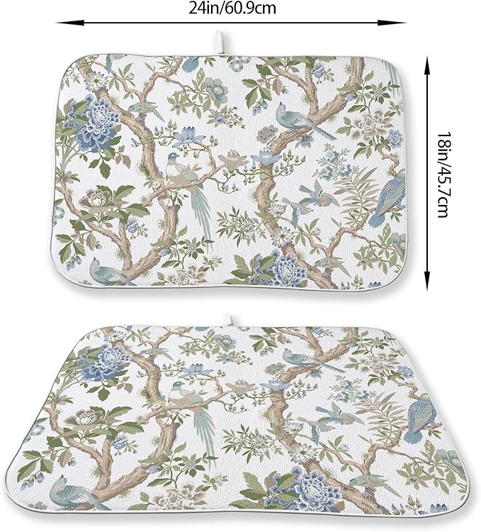 Blue Green Dish Drying Mat 18x24 Inch Chinoiserie Vintage Floral Bird Drying - Image 2