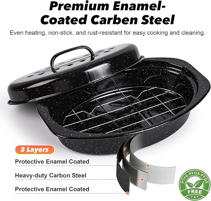 13” Roaster Pan with Lid and Rack, Small Enamel Roaster Pan with Oval Roasting - Image 4
