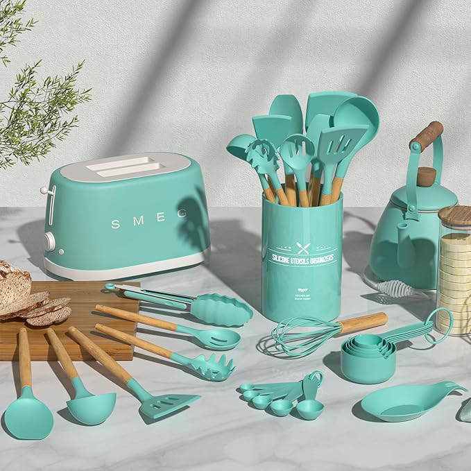 Umite Chef Kitchen Cooking Utensils Set, Wooden Handle Heat Resistant Silicone - Image 2