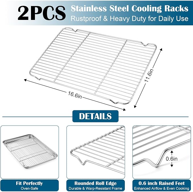 E-far Baking Sheet with Wire Rack, Large Stainless Steel Cookie Sheets Pan & - Image 3