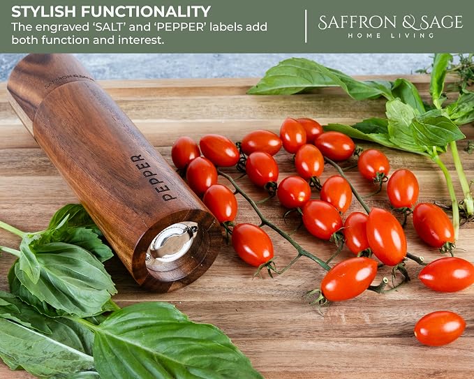 Saffron & Sage Premium Acacia Wood Salt and Pepper Grinder Set of 2-8” Tall - Image 9