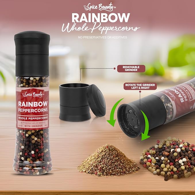Spice Bounty Rainbow Peppercorn Grinder – 5.6 oz Whole Mixed Peppercorns – - Image 2