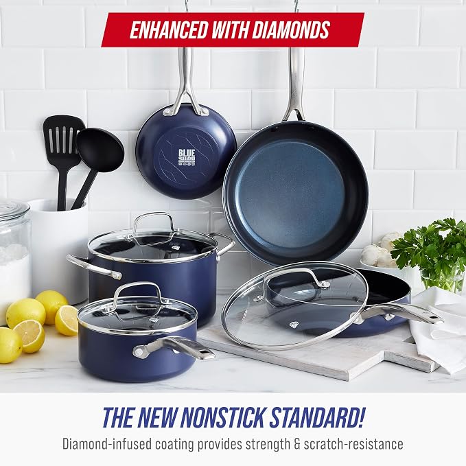 Blue Diamond 10 Piece Nonstick Cookware Set, Diamond Ceramic Pots & Pans - Image 2