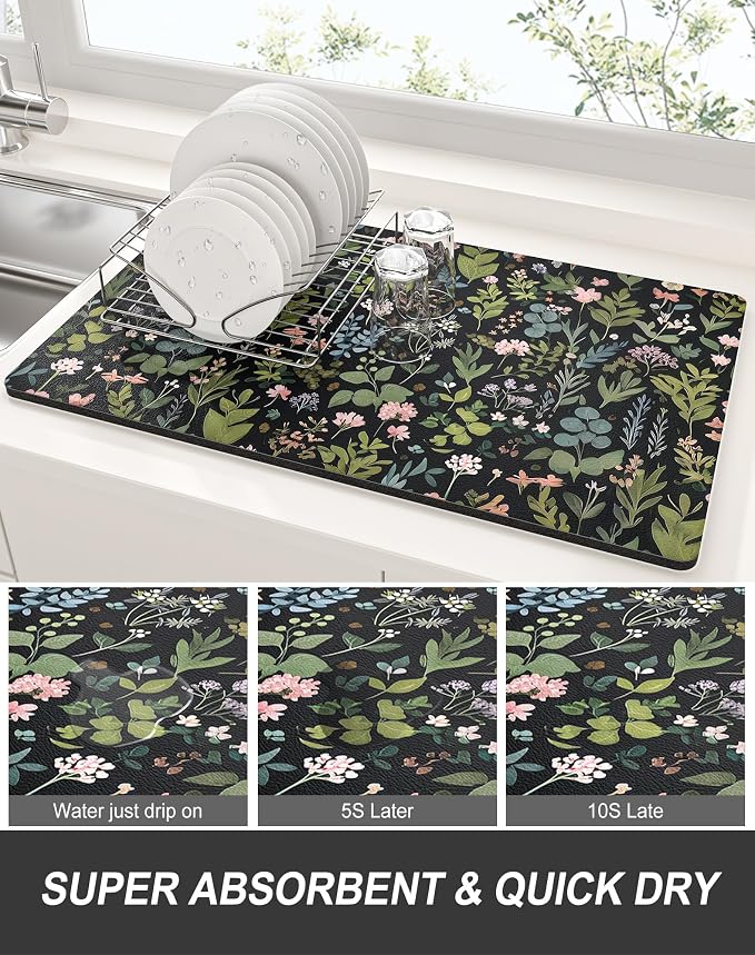 Rnivvi Dish Drying Mat for Kitchen Counter, 12 x 19" Cute Flower Theme Super - Image 3