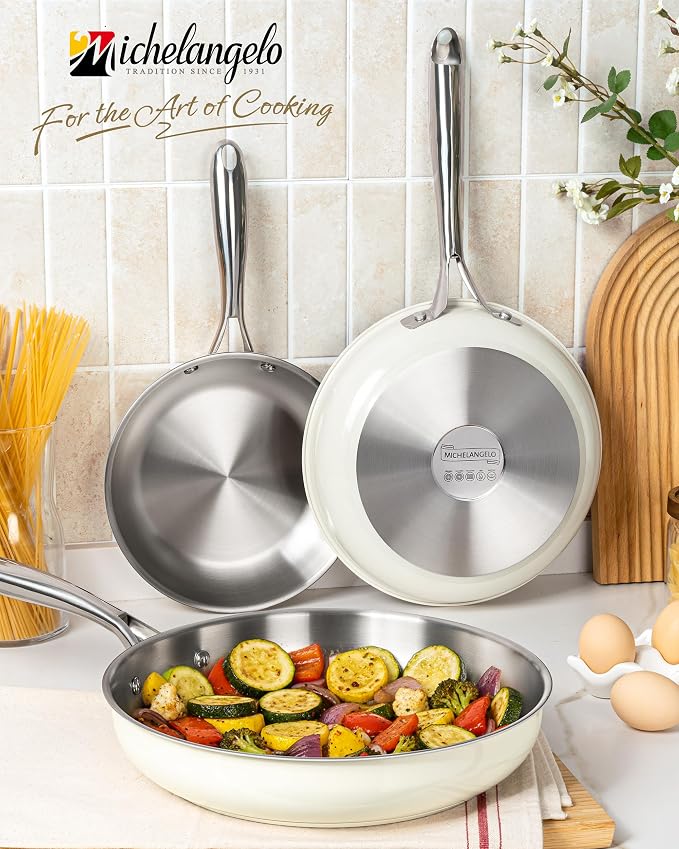 MICHELANGELO Stainless Steel Frying Pan Set, Triply Base Cooking Pans - Image 7