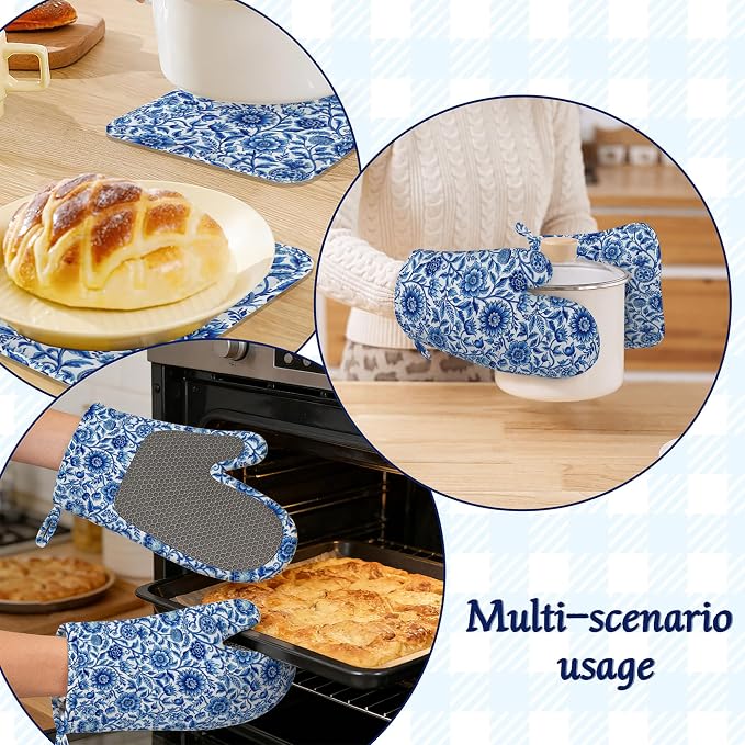 Oven Mitts and Pot Holders Sets Blue White Floral Silicone Kitchen Mits - Image 6