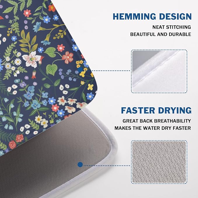 Flower Floral Dish Drying Mat 18x24 inch Microfiber Navy Blue Drying Mats - Image 7
