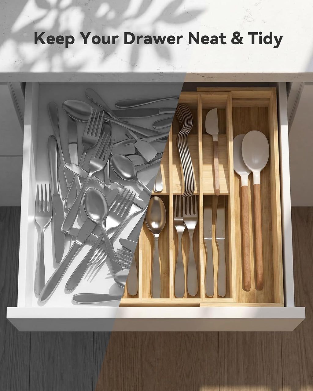 Expandable Utensil Drawer Organizer for Silverware,Bamboo 12 Slot