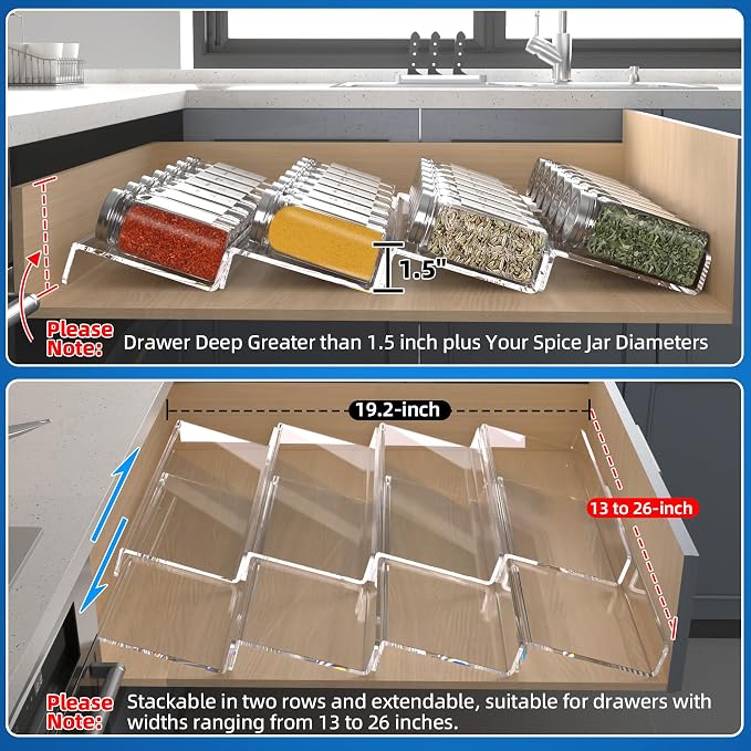 MIUKAA Clear Acrylic Spice Drawer Organizer, 4 Tier- 2 Set Expandable From 13" - Image 3