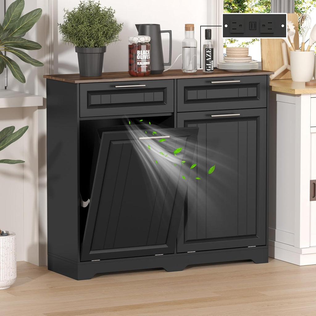 Double 10 Gallon Tilt Out Trash Can Cabinet with Deodorizing Function