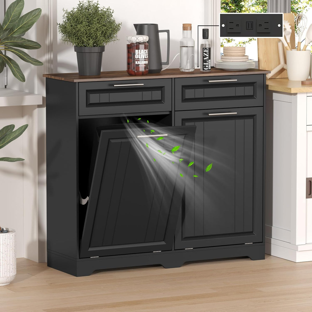Double 10 Gallon Tilt Out Trash Can Cabinet with Deodorizing Function