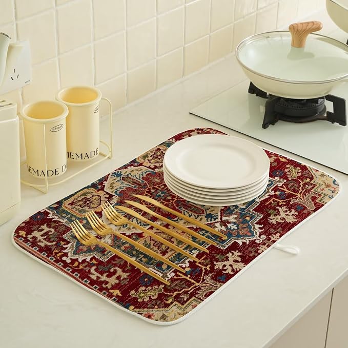 Burgundy Red Dish Drying Mat 18 x 24 inch Bohemian Rug Carpet Decorative Drying - Image 4