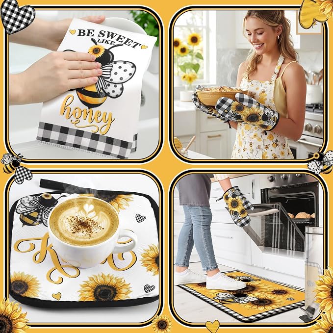 Fourluoo 10 Pcs Bee Kitchen Decor Set Kitchen Towels Rugs Oven Mitts and Pot - Image 7