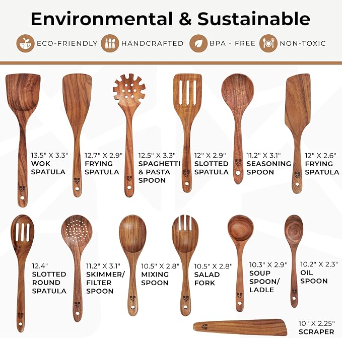 Wooden Spoons for Cooking – 13 Pcs Premium Teak Wooden Utensil Set - Image 4