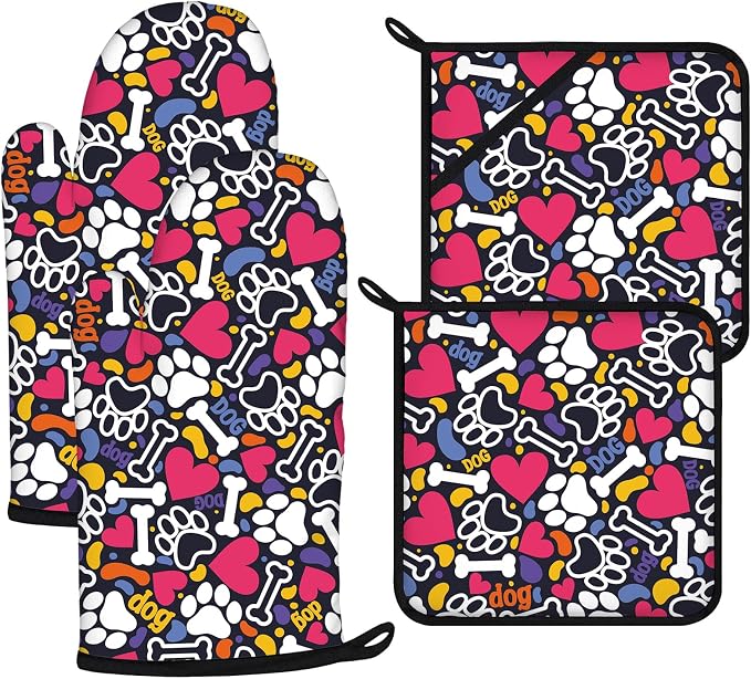 Paw Prints Oven Mitts and Pot Holders Sets 4Pcs, Extra Long Oven Gloves by VisittheDuibelproduct