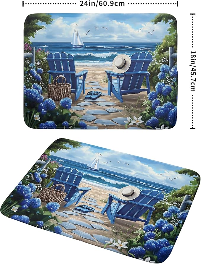 Summer Beach Dish Drying Mat 18x24 Inch Sea Shells Flowers Kitchen Mats Blue - Image 2