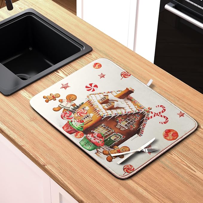 Christmas Dish Drying Mat for Kitchen Counter 16x18 Gingerbread House Man Candy - Image 6