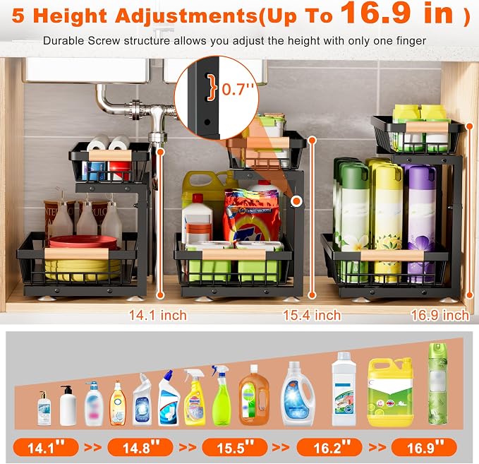 Under Sink Organizer, 2 Pack 2 Tier Under Sink Organizers and Storage, Slide - Image 4