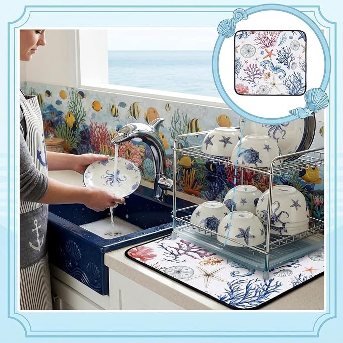 Breling Summer Dish Drying Mat Beach Kitchen Dry Mat 16 x 18 Inch Seahorse Blue - Image 2