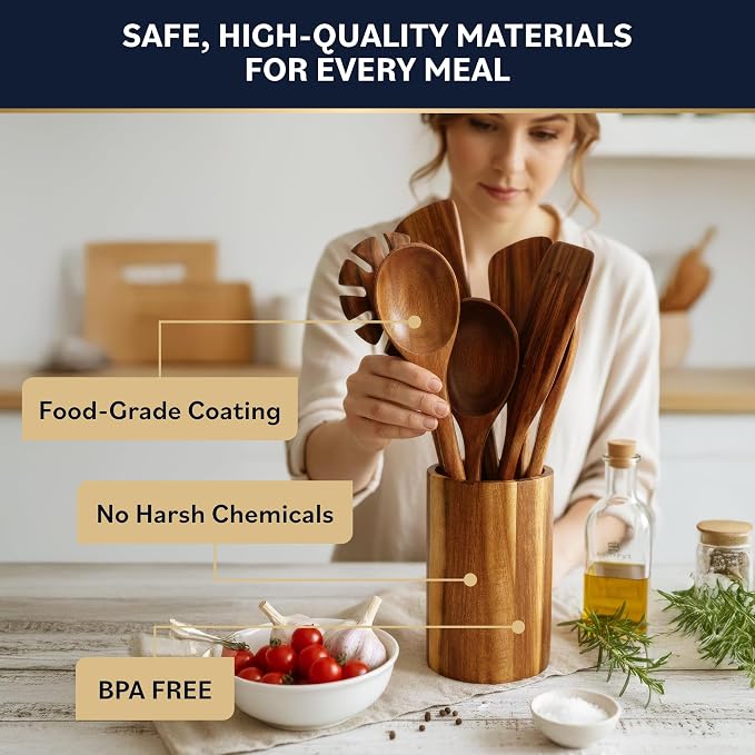 Home Hero Wooden Utensil Set 11 Pcs – Natural Teak Wooden Kitchen Utensils Set - Image 5