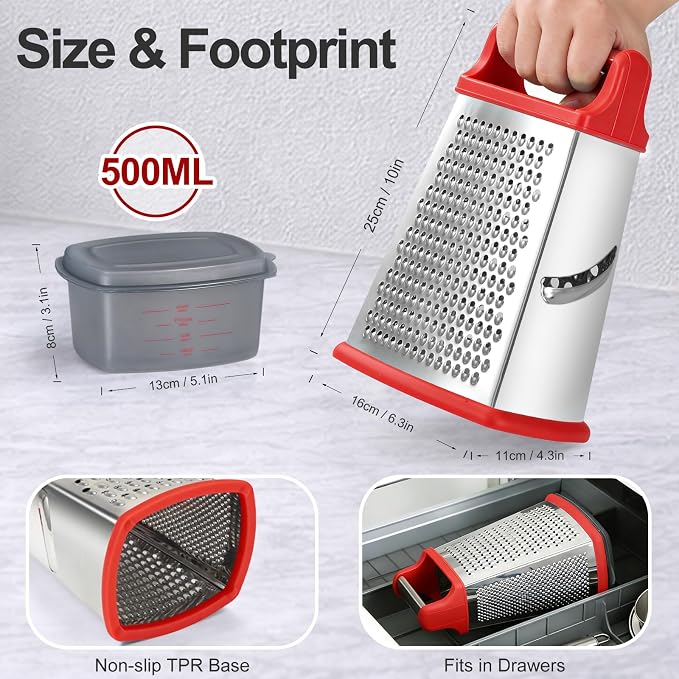 Ourokhome Cheese Grater with Handle, Stainless Steel Box Grater, 4 Side Kitchen - Image 3