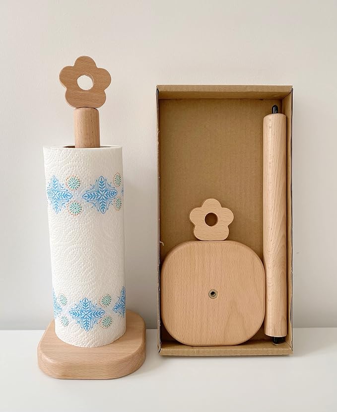 Paper Towel Holder, Wooden Kitchen Roll Stand Organizer Free Standing, - Image 2