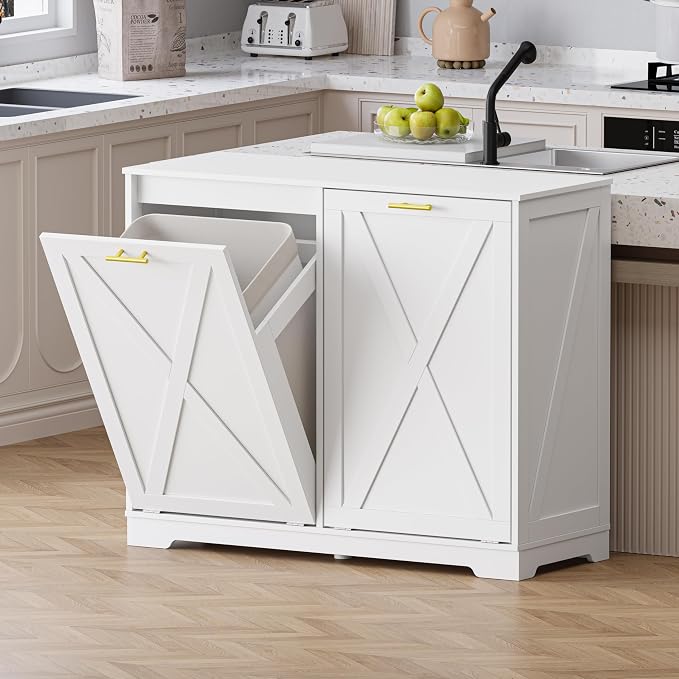 Double Tilt Out Trash Can Cabinet, Wooden Farmhouse Kitchen Garbage Bin - Image 3