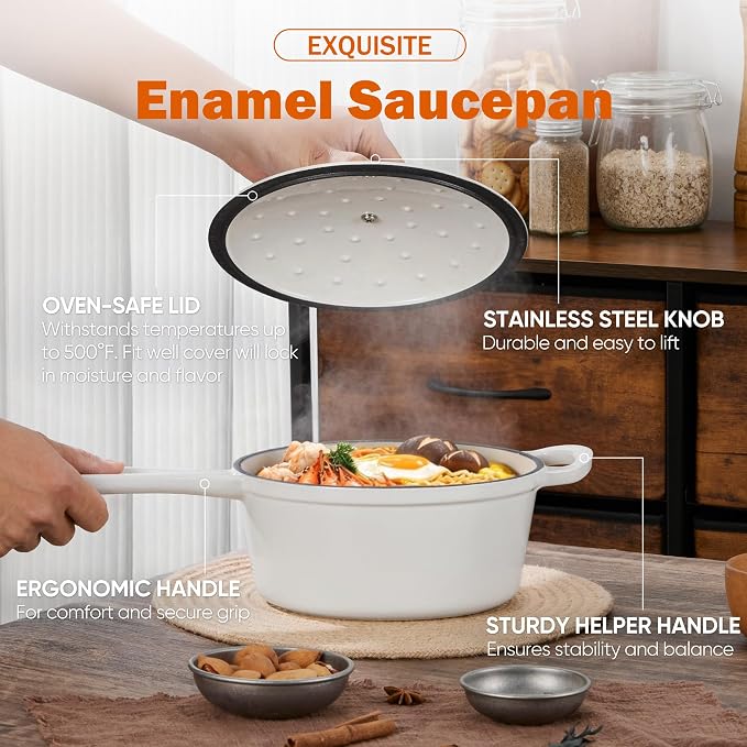 Homikit 3 Quart Saucepan with Lid, Enameled Cast Iron Saucepan - Image 3