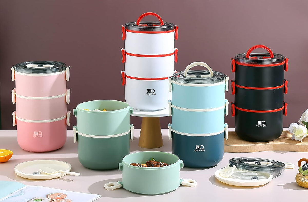 3-Tier Stackable Lunch Box Adult Bento Box Set with Thermo Bag