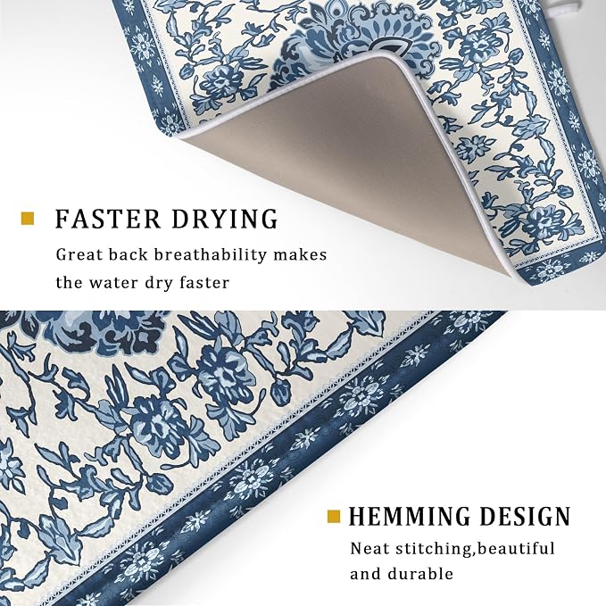 Boho Floral Blue Dish Drying Mat - Image 3